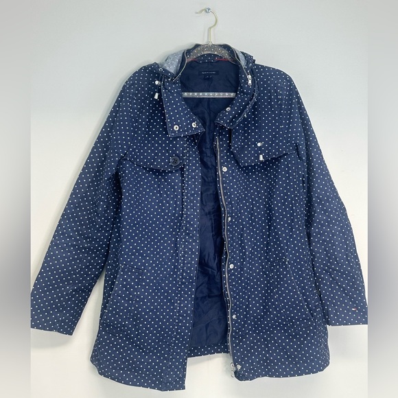 Tommy Hilfiger polka dot jacket women’s medium with hood and pockets blue white - Picture 1 of 14